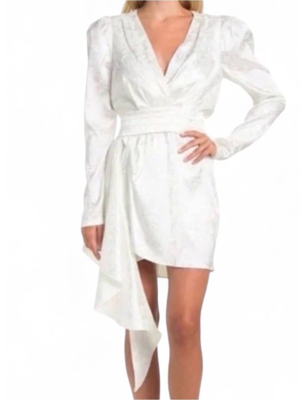 Ronny Kobo Collection White V-Neck Long Sleeve Mini Dress with Draped Side